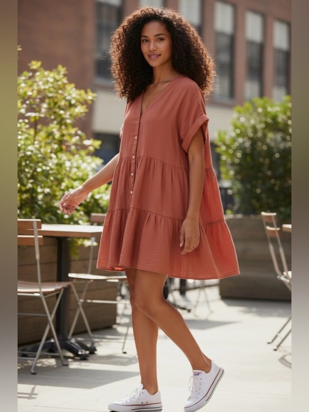 Madewell Pink/ Rust Button-Front Tiered Gauze Dress